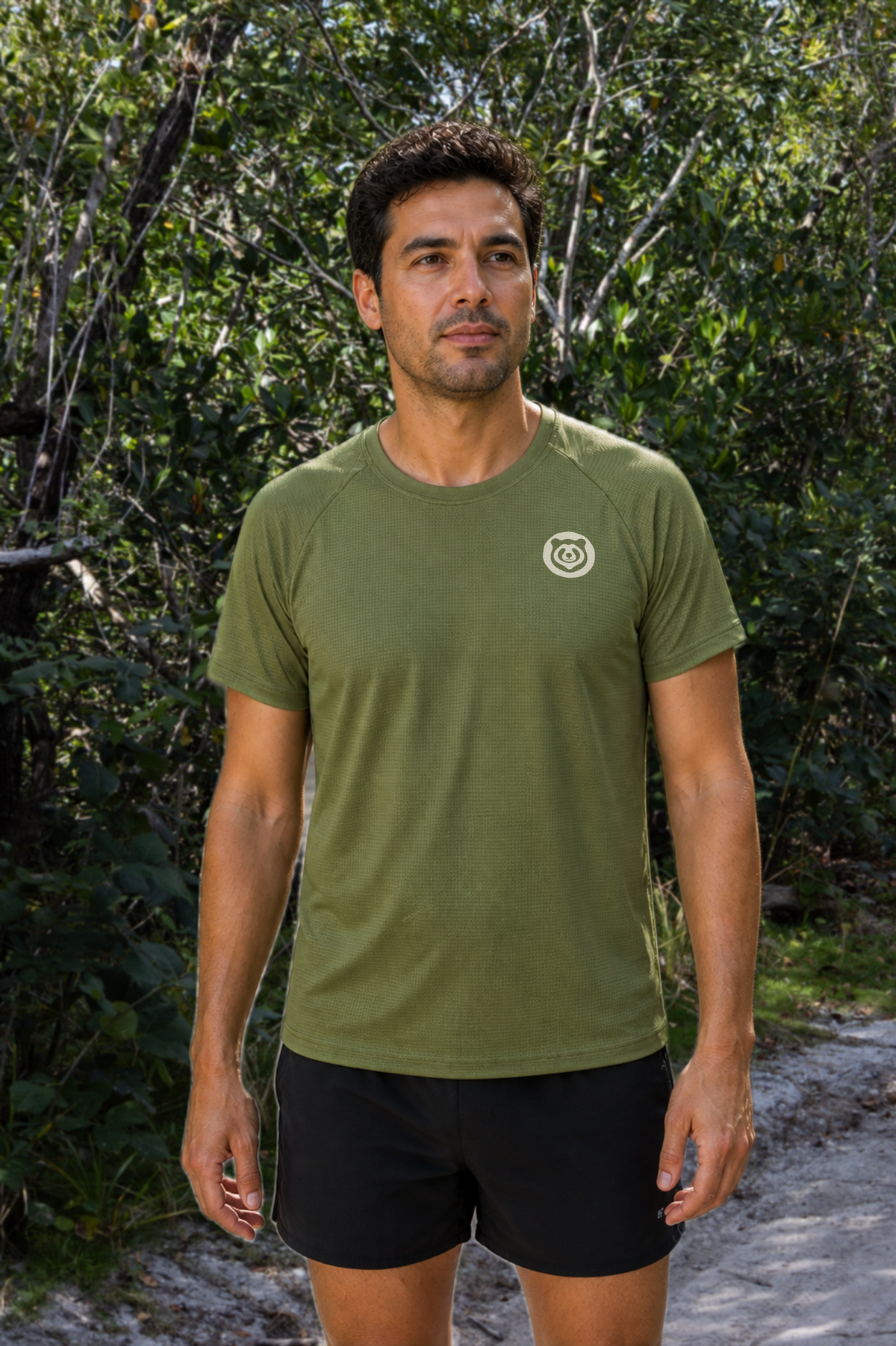 Men’s Fern Green MIAMI HAS TRAILS Trail Tee on a model, front view with Bearly Runners chest logo.